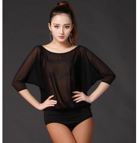 Black see through mesh fabric bat wing sleeves fashion style competition women's  professional latin ballroom dance tops leotards bodysuits jumpsuits catsuits